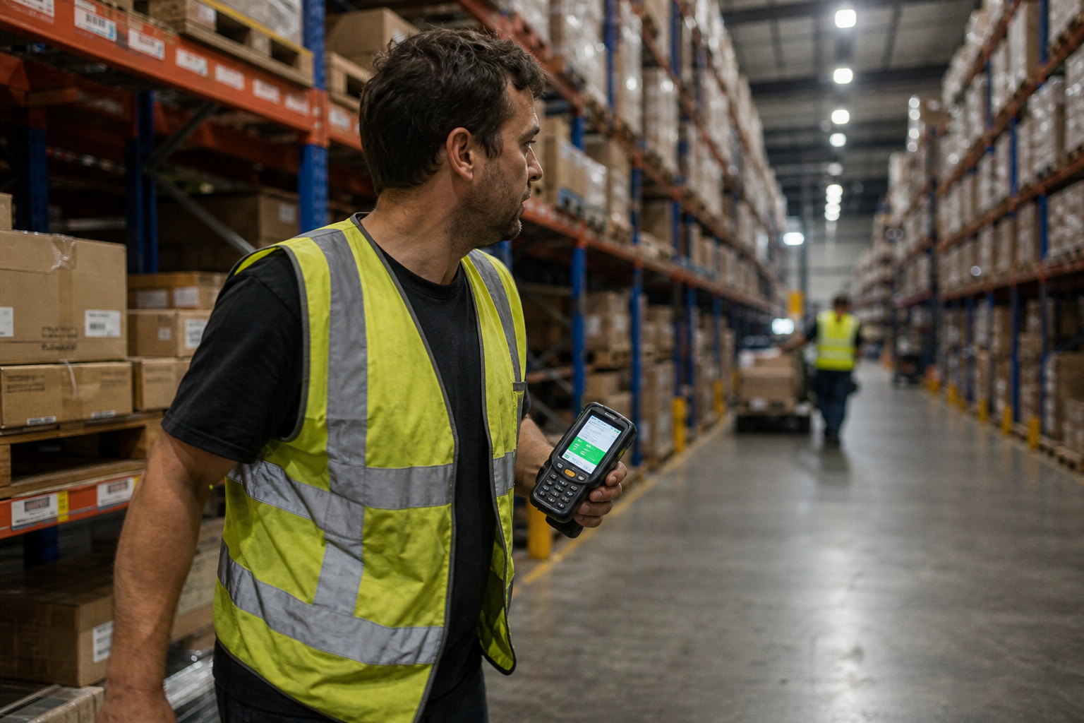 A male warehouse picker in a yellow high-vis vest scans a barcode with a handheld device while moving along a tall racking aisle inside an Australian distribution centre under bright fluorescent lighting.