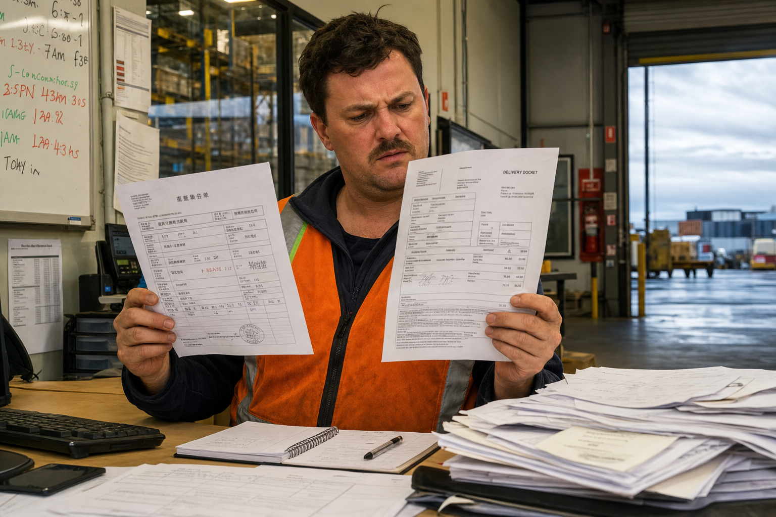 A male logistics worker in an orange hi-vis vest holds up two shipping documents side by side — one in Chinese characters and one in English — at a cluttered desk inside an Australian freight depot, looking at the documents with concentration.