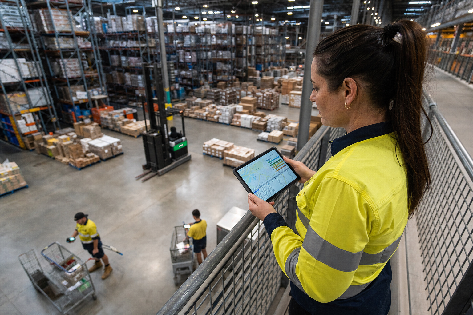 A female warehouse operations manager in yellow hi-vis stands on a mezzanine railing reviewing a tablet, while pickers work with RF scanners on the distribution centre floor below.