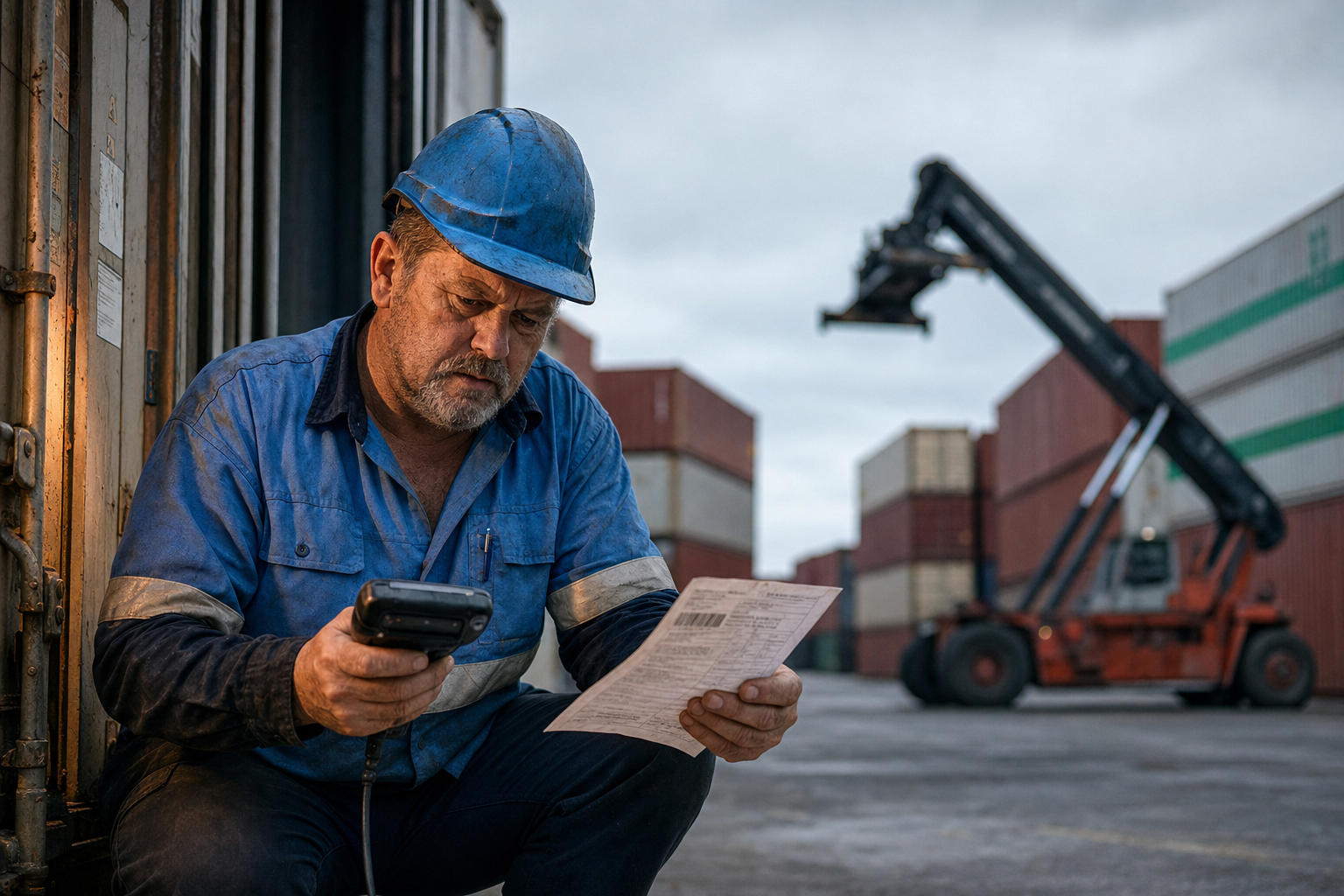 A male dock worker in blue hi-vis and hard hat crouches at an open shipping container, comparing a paper docket to a barcode scanner at an Australian container yard under overcast skies.