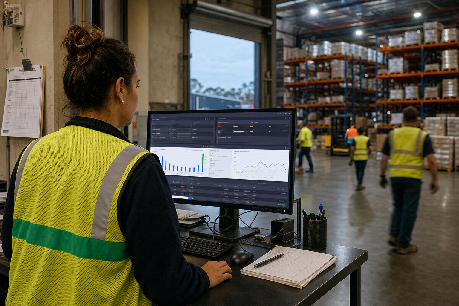 A female dispatch coordinator in a yellow hi-vis vest studies a live operational dashboard on a desktop monitor at the edge of a busy Australian warehouse floor, with workers and racking visible in the background.