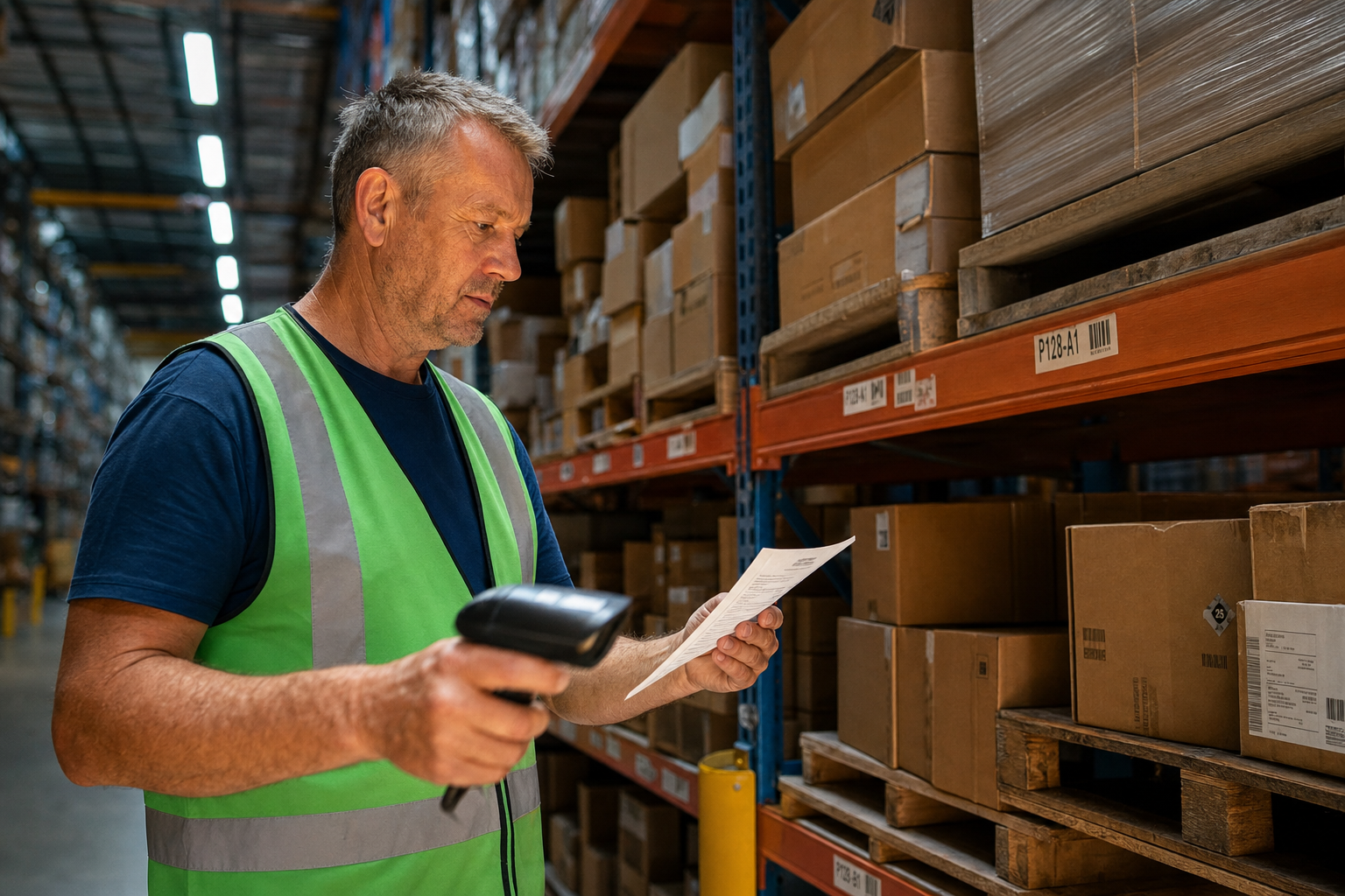A male warehouse picker in a green hi-vis vest consults a pick ticket while holding a barcode scanner in a narrow racking aisle of an Australian distribution centre, with fluorescent lighting illuminating rows of cartons stretching into the background.